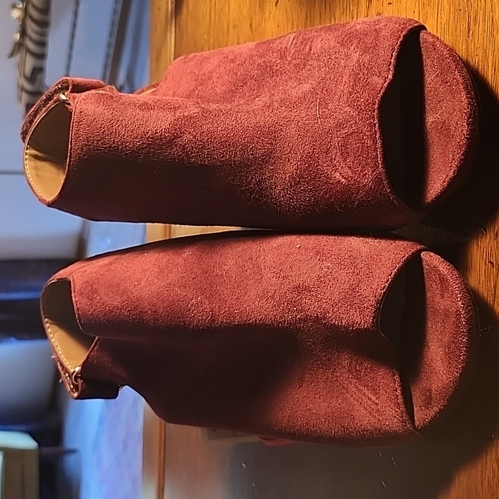 Burgundy suede open toe bootie